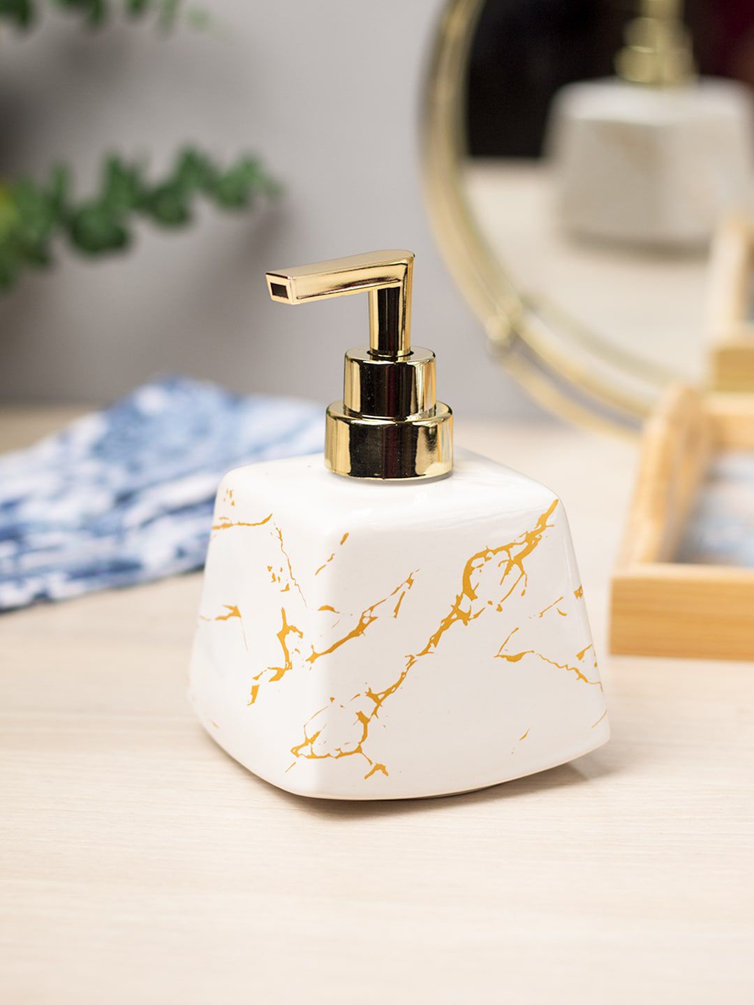MARKET99 White & Yellow Printed Ceramic Soap Dispenser