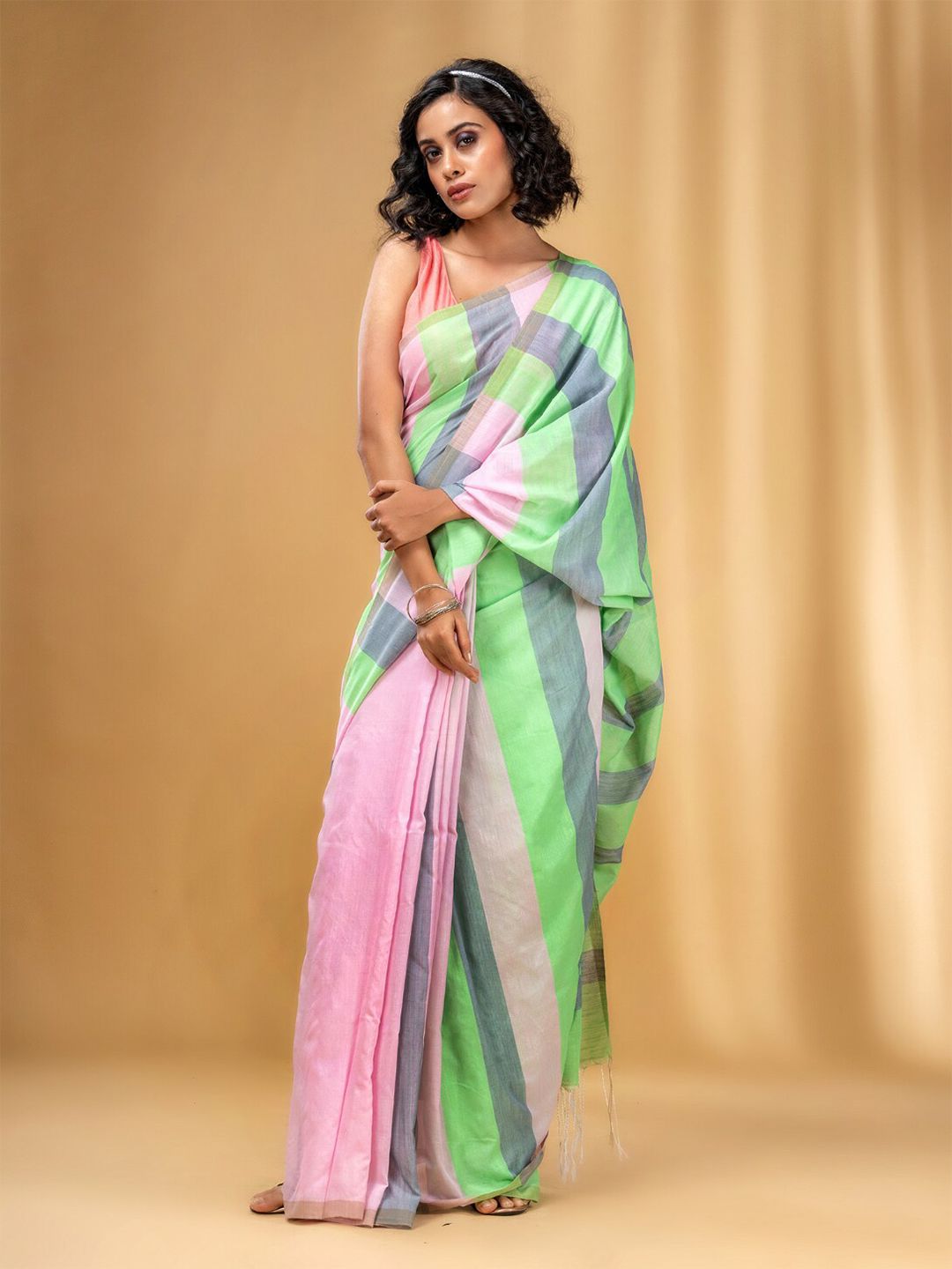 Charukriti Green & Pink Striped Pure Cotton Saree Price in India