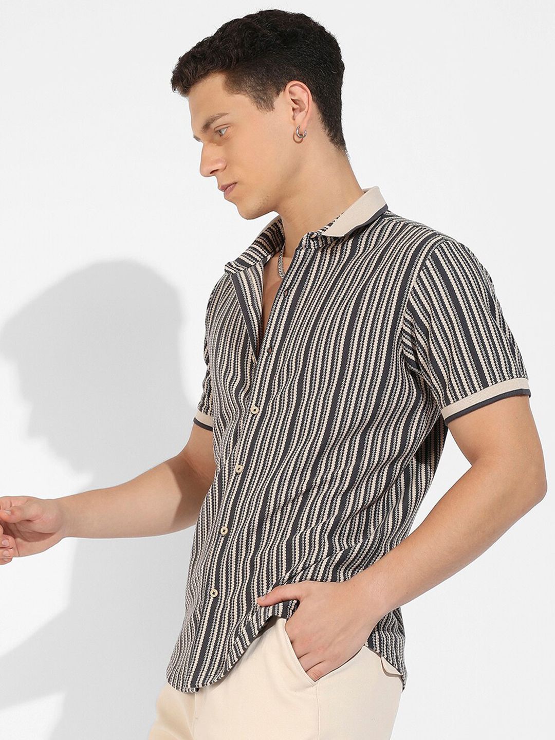 CAHOOT Beige & Black Classic Striped Cotton Casual Shirt