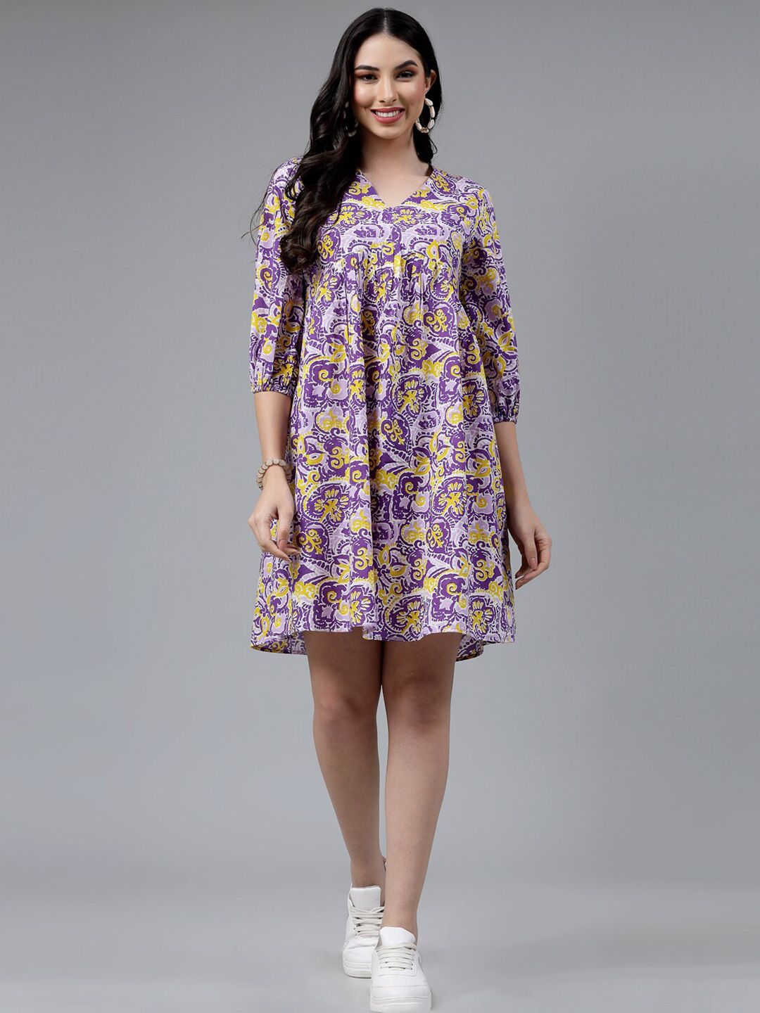 Stylum Purple Ethnic Motifs Printed V-Neck Puff Sleeve Pure Cotton A-Line Dress Price in India