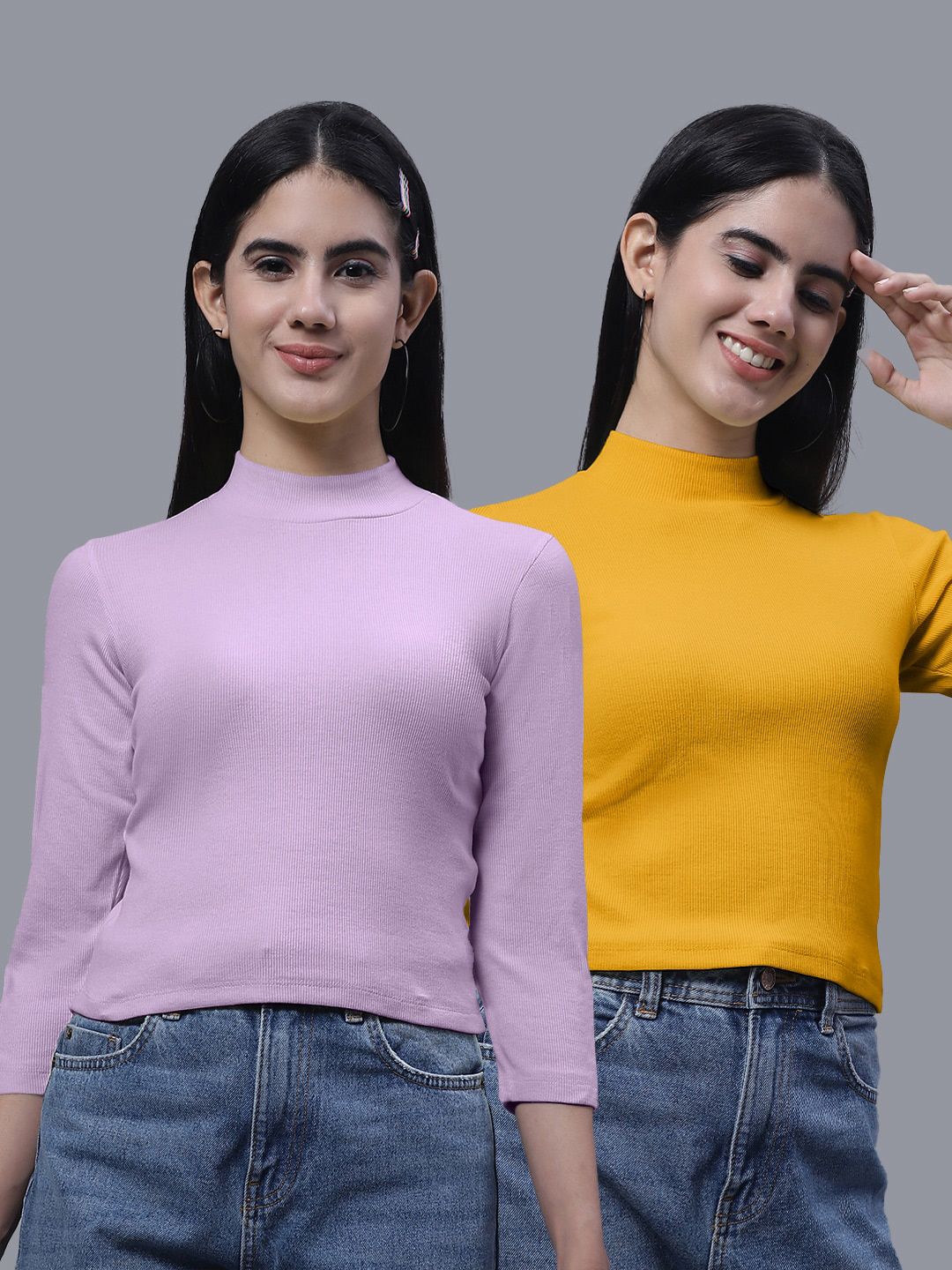 FBAR Pack Of 2 Ribbed High Neck Fitted Cotton Top Price in India