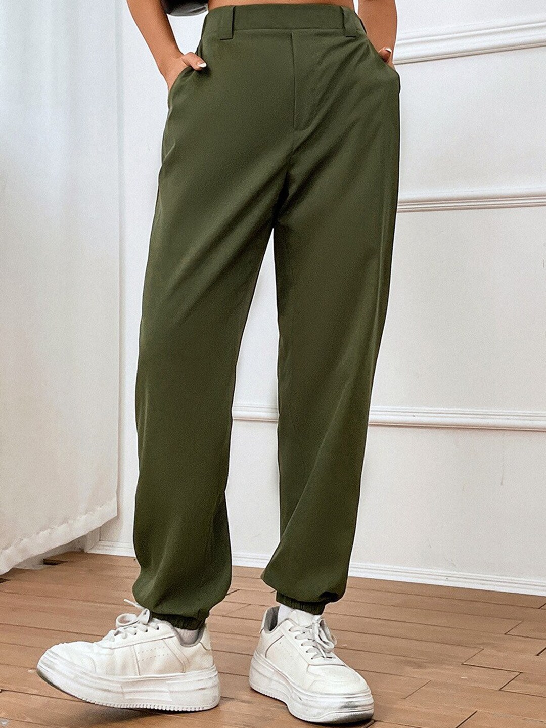 BoStreet Women Olive Green Tapered Fit Joggers Trousers Price in India