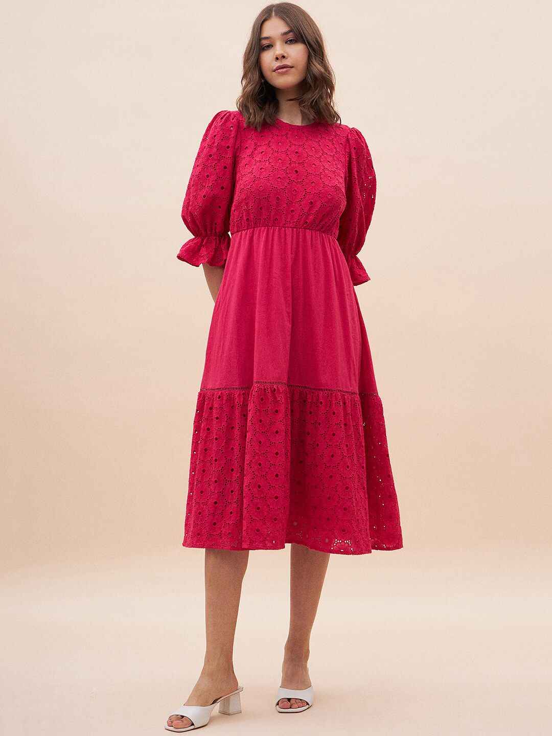 Femella Self Design Schiffli Puff Sleeves Gathered Cotton Fit & Flare Dress Price in India