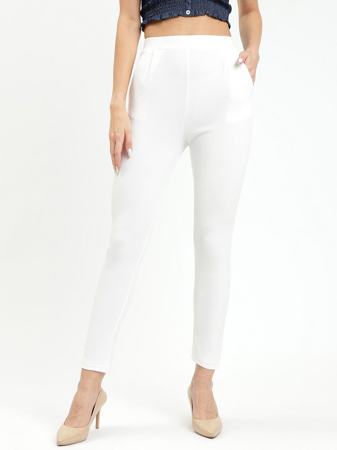 BAESD Women White Slim Fit Wrinkle Free Trousers Price in India