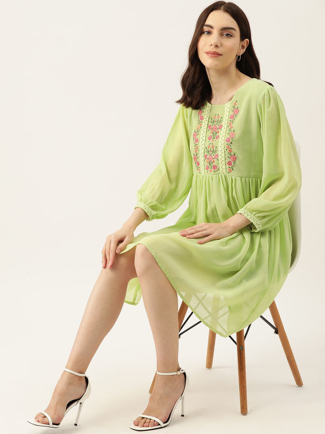 DressBerry Floral Embroidered Schiffli Puff Sleeves Chiffon A-Line Dress Price in India