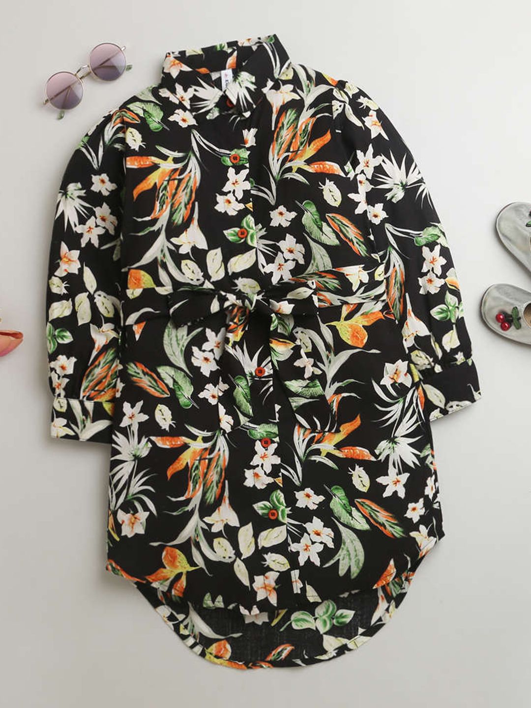 KiddoPanti Girls Floral Printed Tie-Up Shirt Style Dress