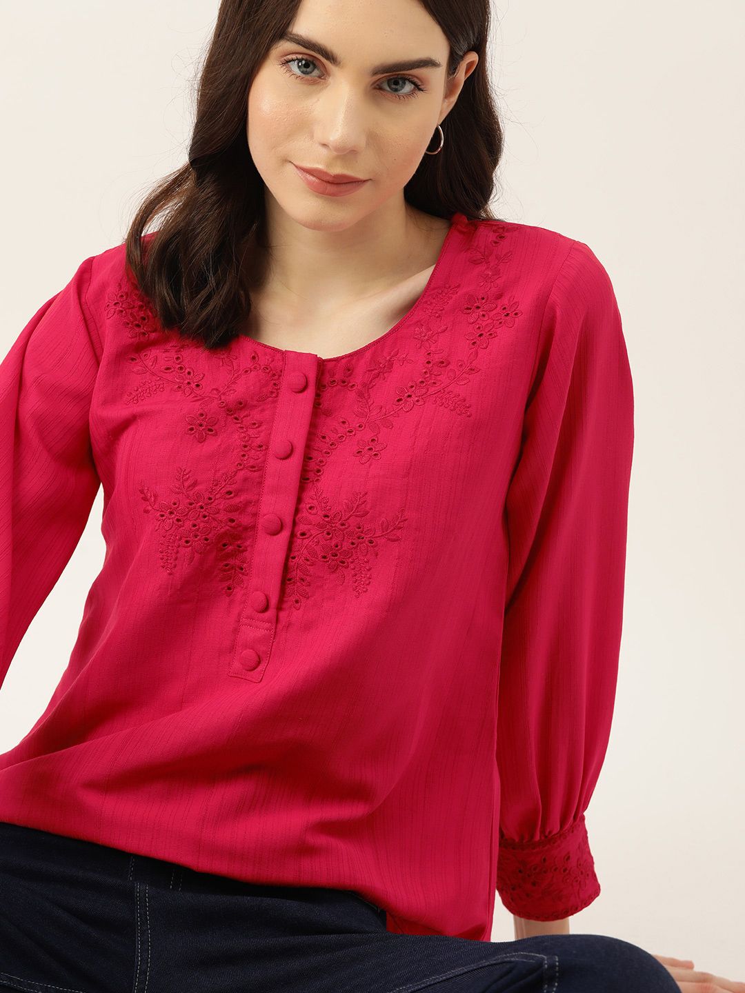 DressBerry Floral Embroidered Puff Sleeve Top Price in India