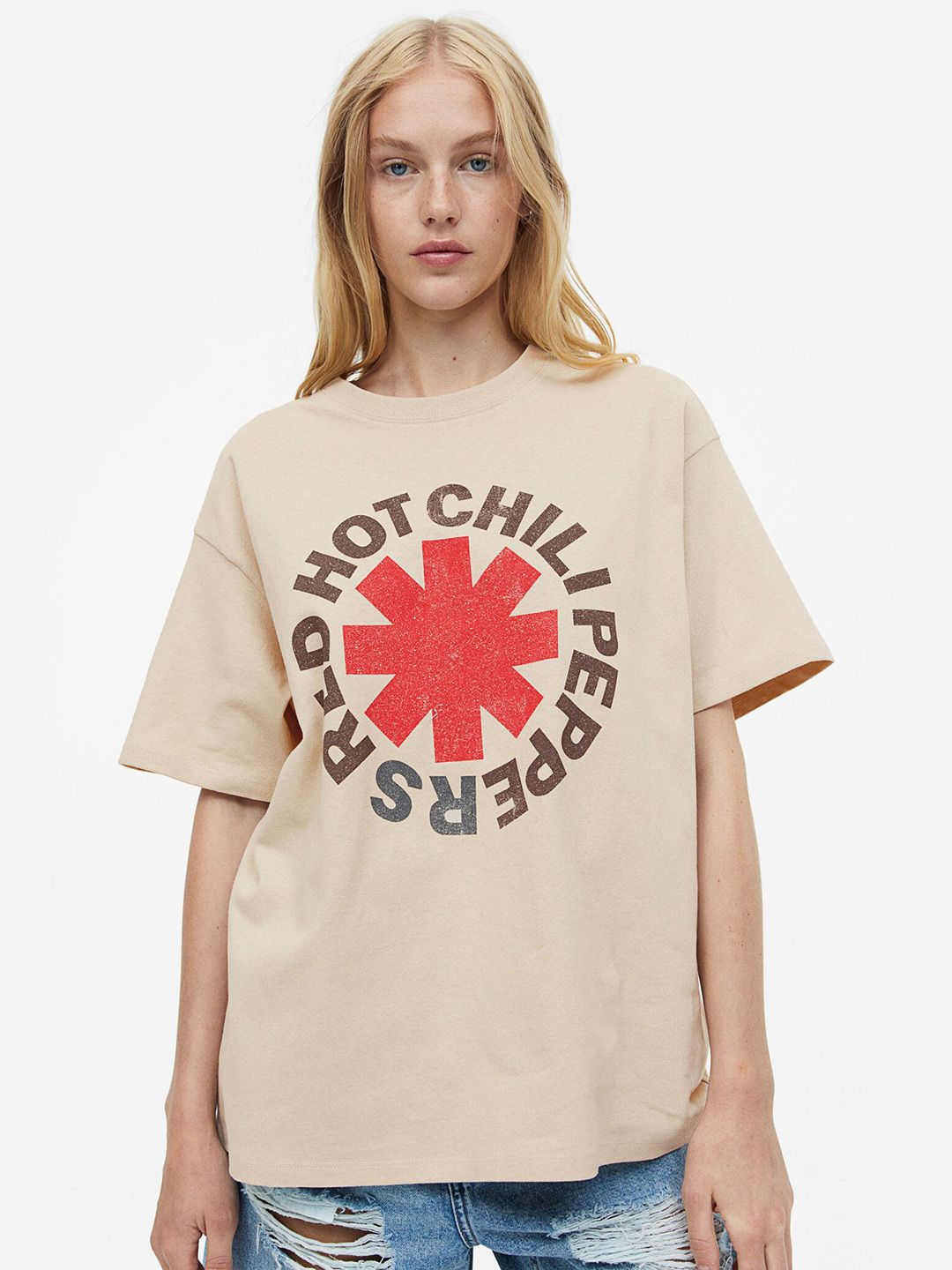H&M Oversized Printed Pure Cotton T-shirt Price in India