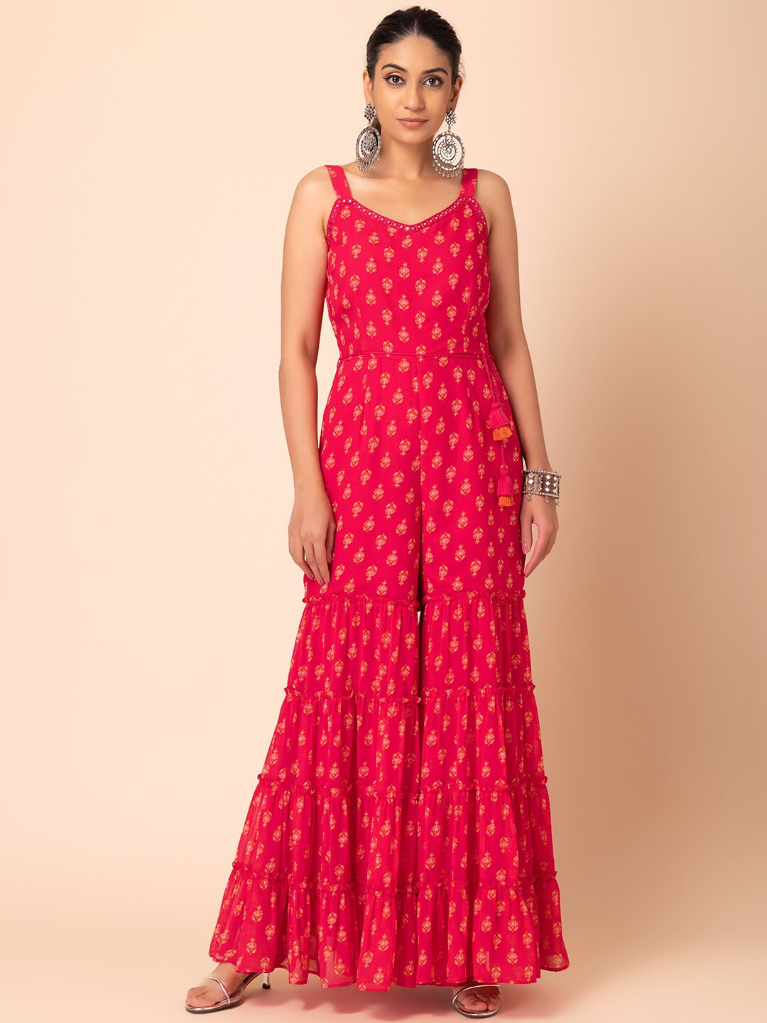 INDYA Printed Tiered Jumpsuit With Dori Belt Price in India