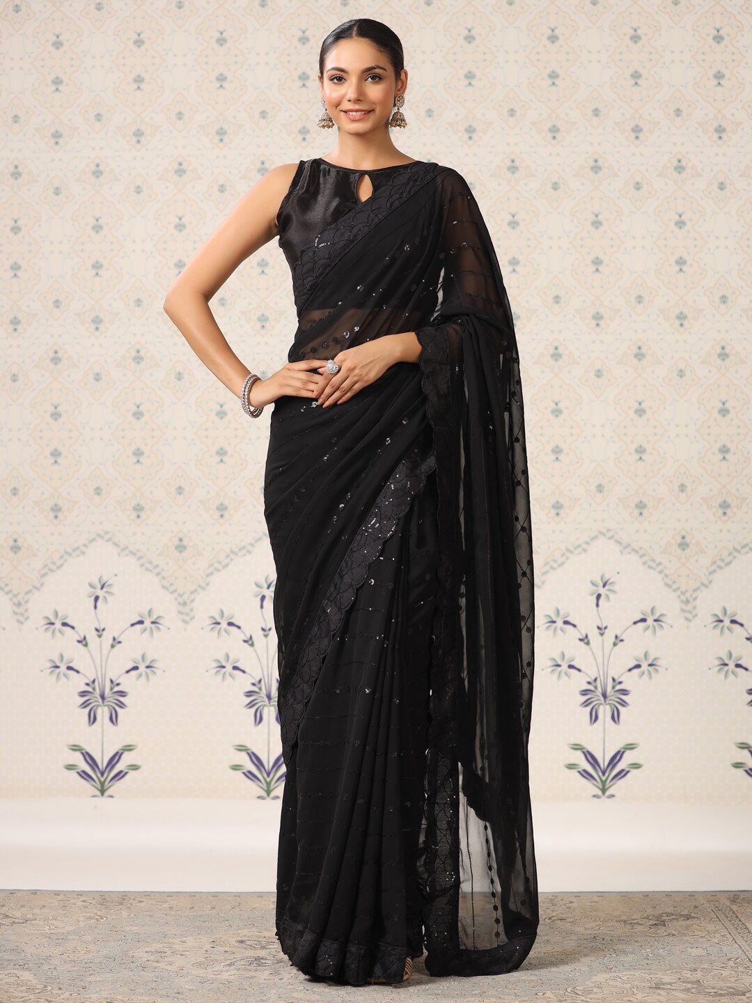 Ode by House of Pataudi Black Embellished Sequinned Saree Price in India