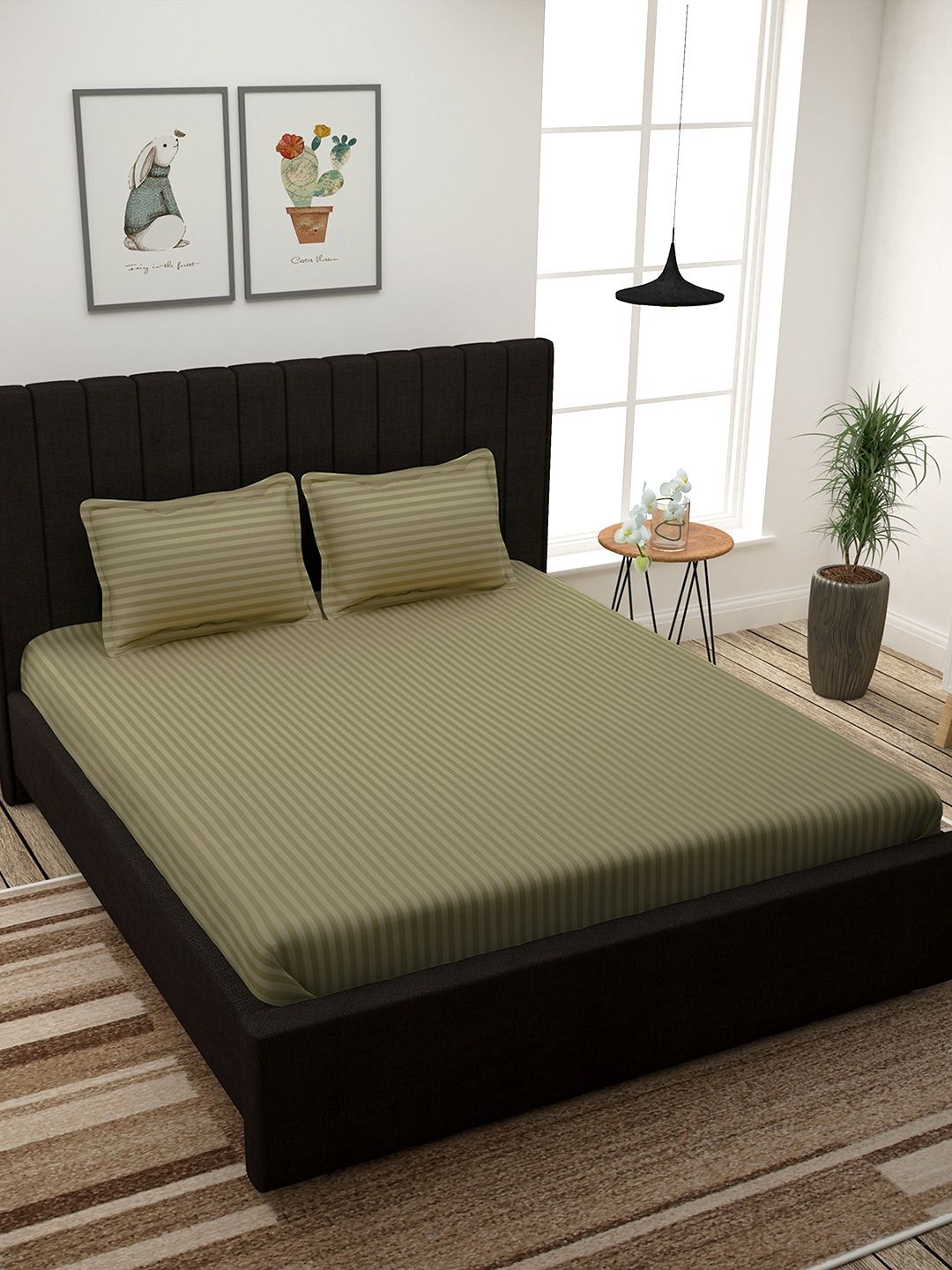Story@home Taupe Self-Striped 300 TC Cotton King Bedsheet with 2 Pillow Covers Price in India