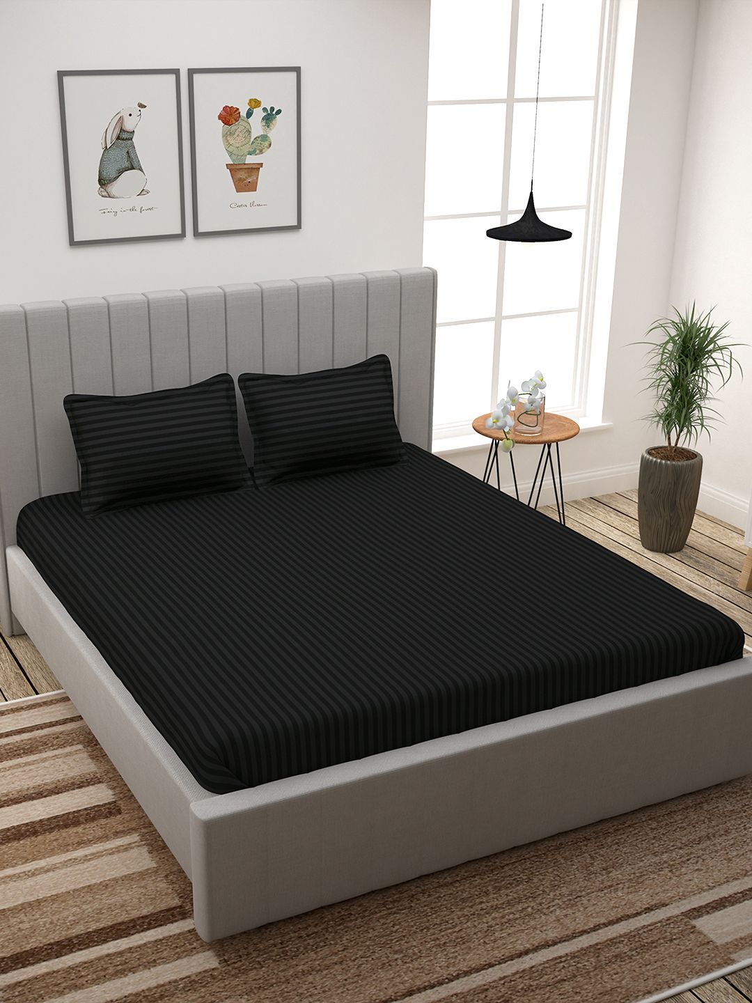 Story@home Black Self-Striped Flat 300 TC Cotton 1 King Bedsheet with 2 Pillow Covers Price in India