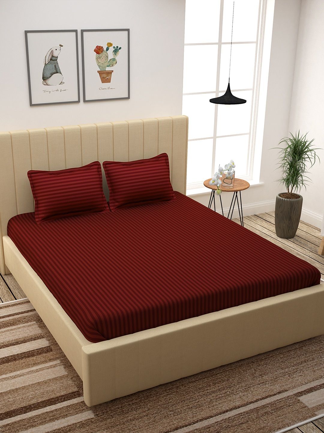 Story@home Red Self-Striped Flat 300 TC Cotton 1 King Bedsheet with 2 Pillow Covers Price in India