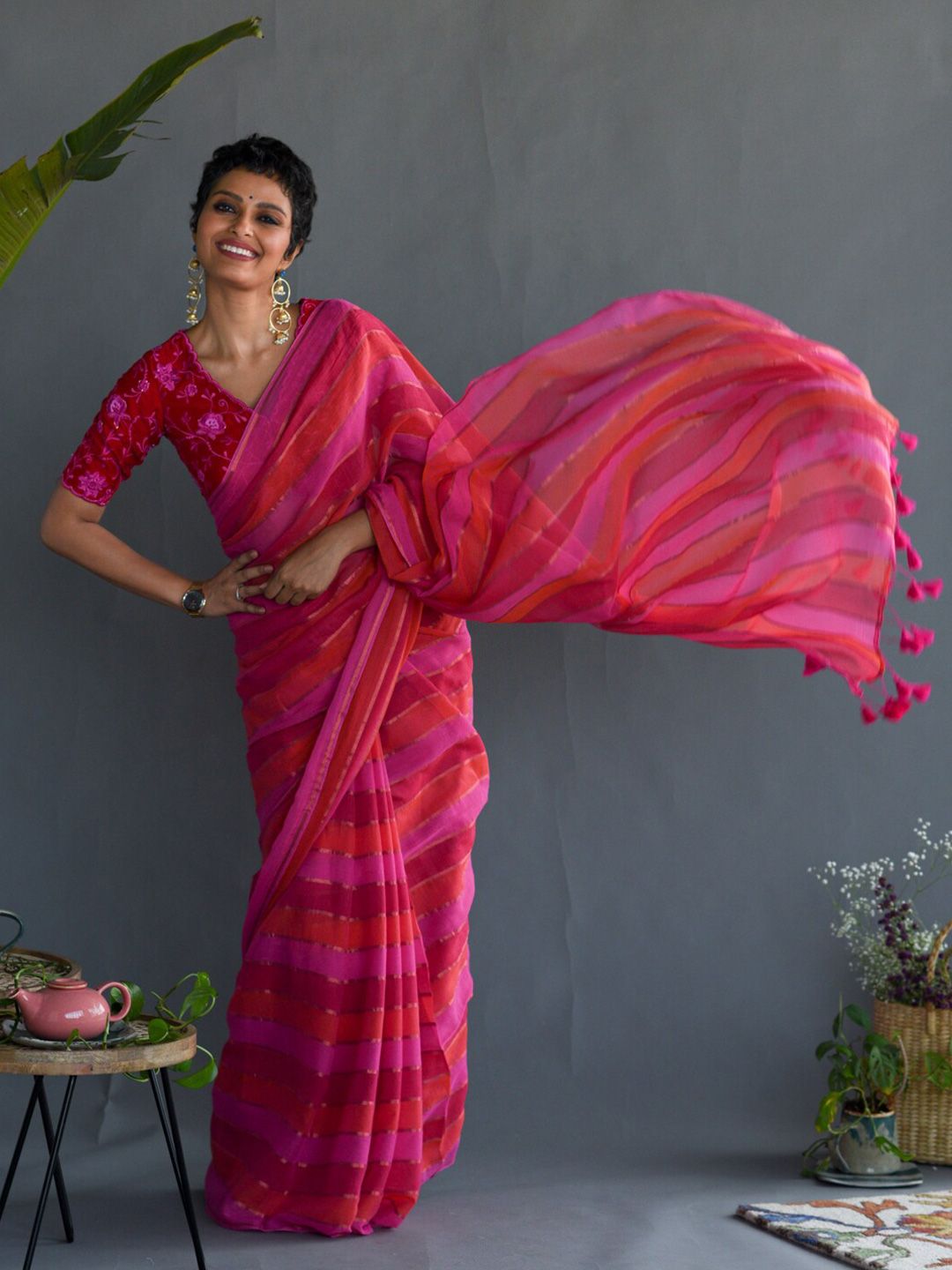 Suta Pink & Orange Striped Zari Pure Cotton Saree Price in India
