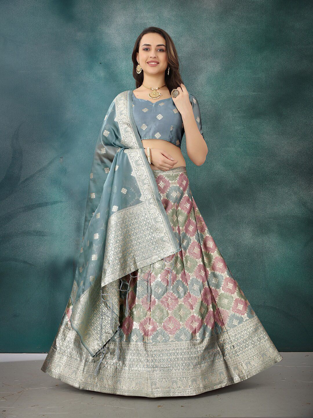 JATRIQQ Grey & Brown Semi-Stitched Lehenga & Unstitched Blouse With Dupatta Price in India