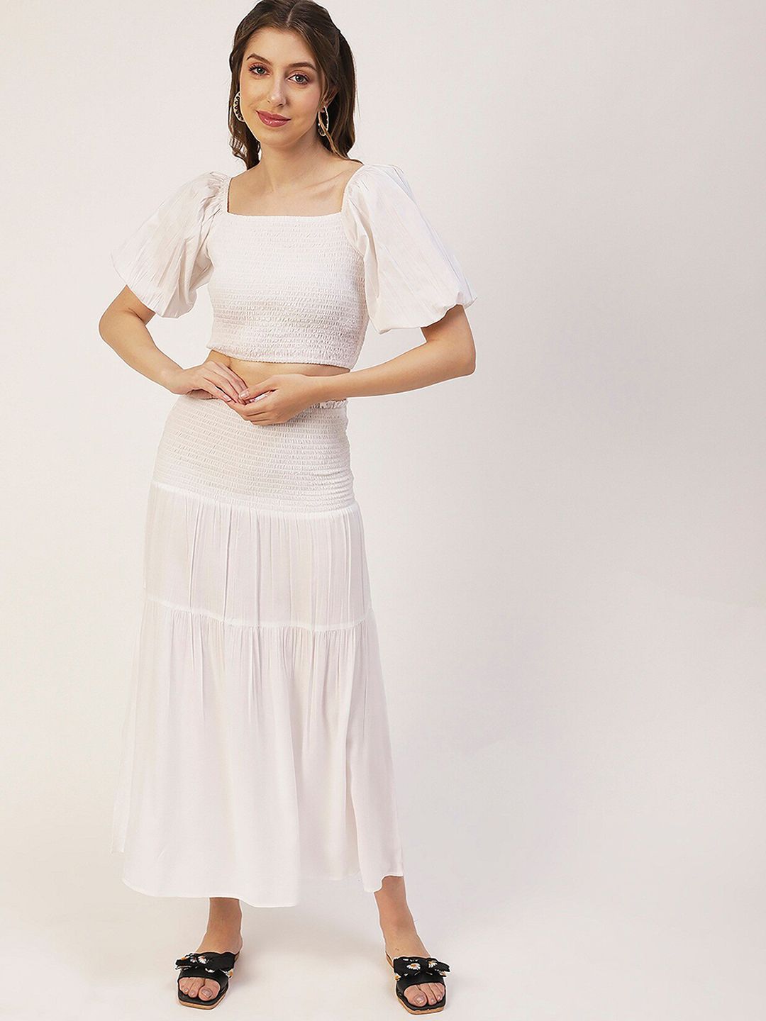 Moomaya High Waist Smocked Tiered Midi Skirt Price in India