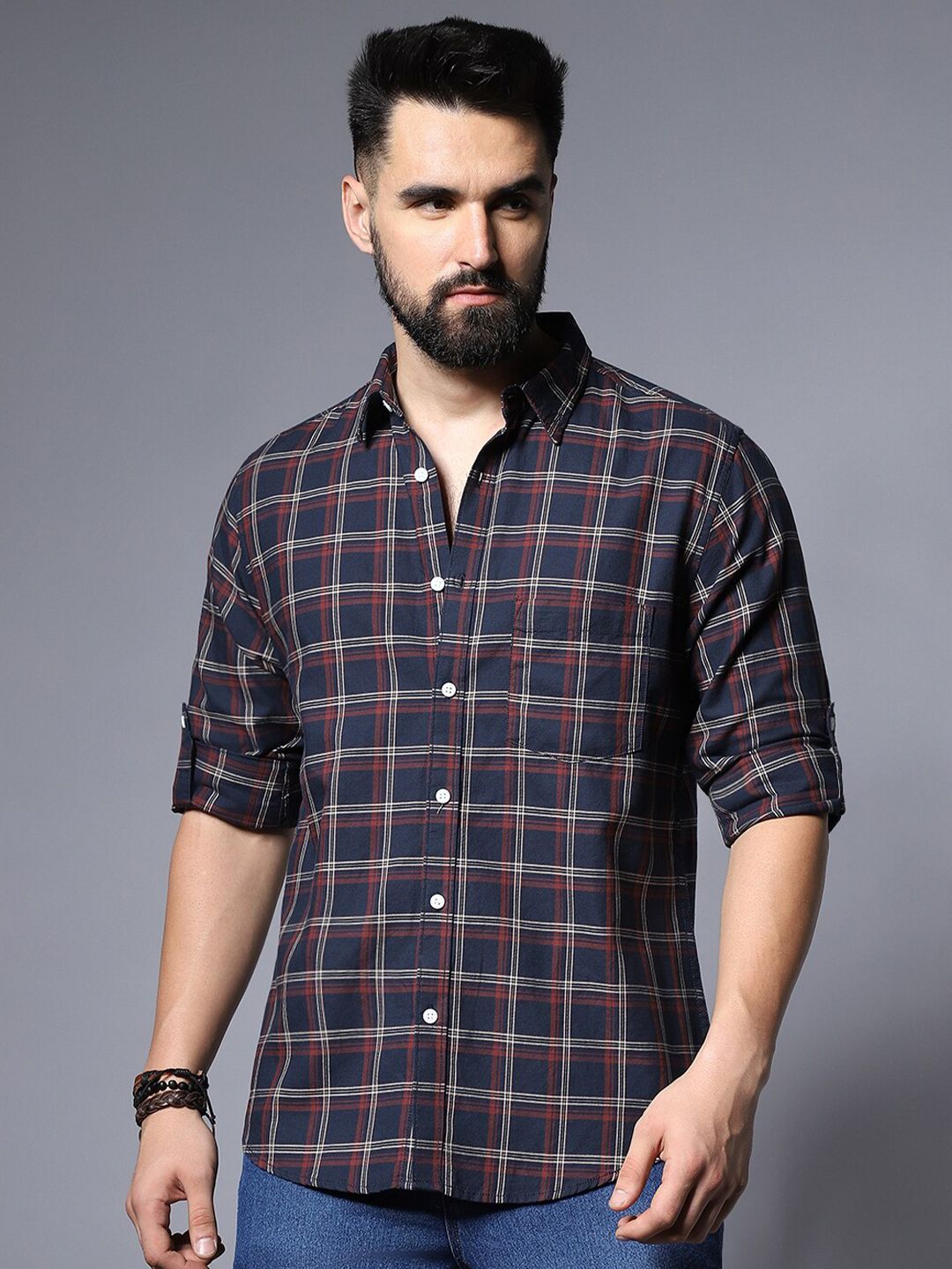 High Star Men Classic Grid Tattersall Checked Casual Shirt