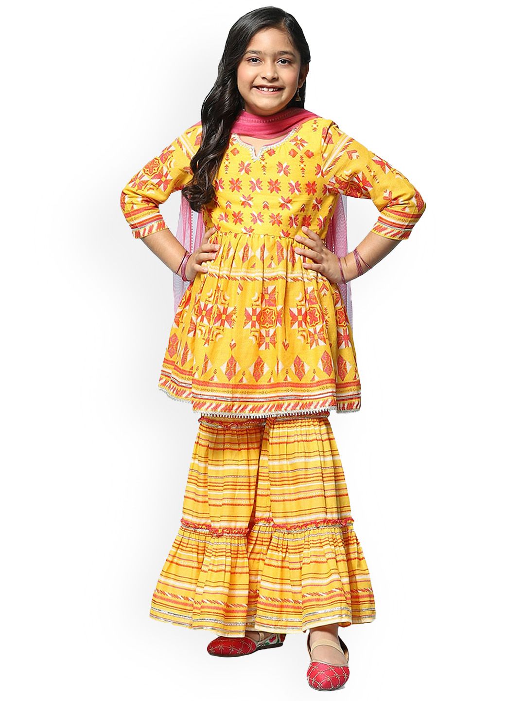 Biba Biba Girls Floral Printed Empire Gotta Patti Kurti With Sharara & Dupatta