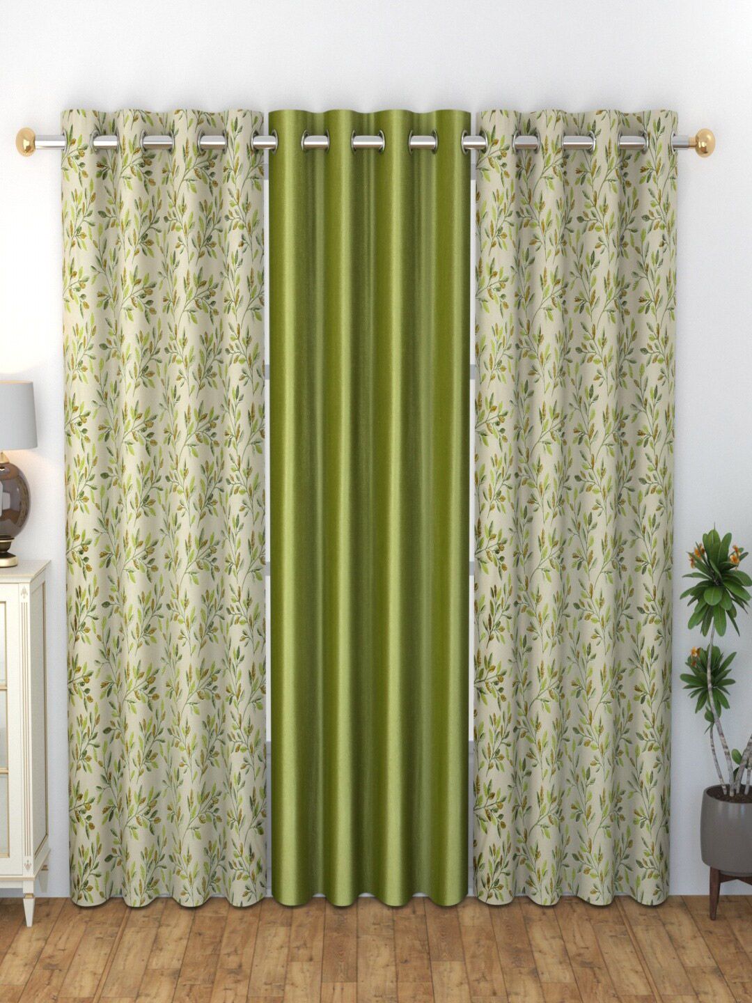 Homefab India Grommet Green & White 3 Pieces Printed Door Curtain