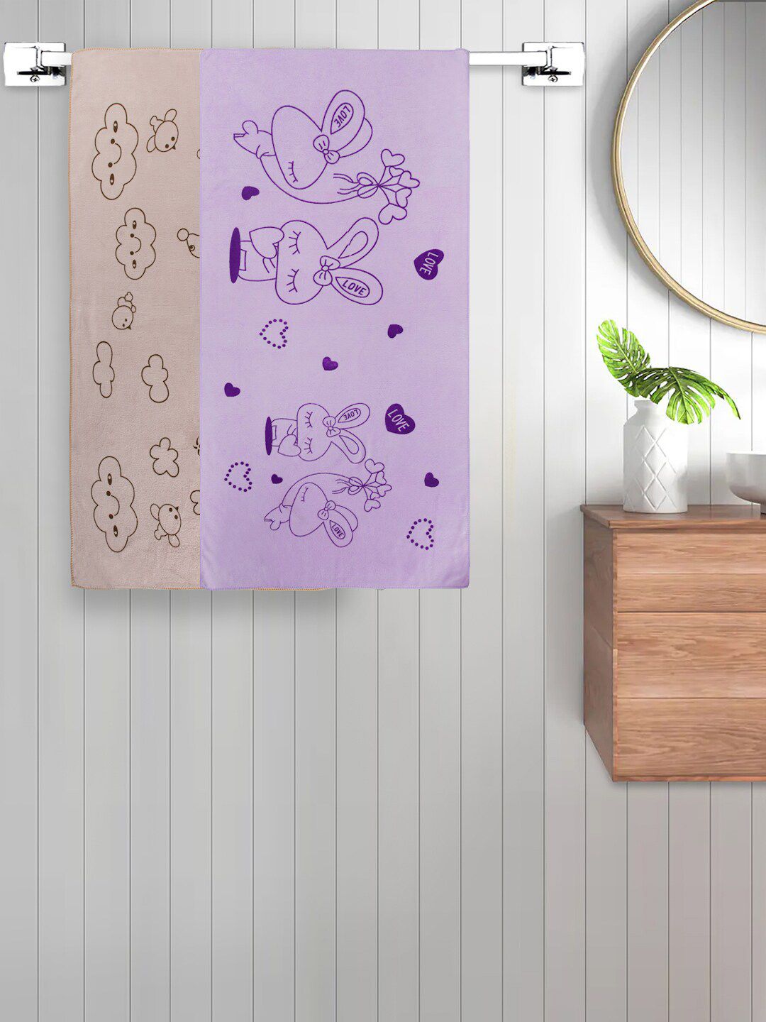 FABINALIV Kids 2-Pcs Beige & Purple Printed 300 GSM Cotton Bath Towels