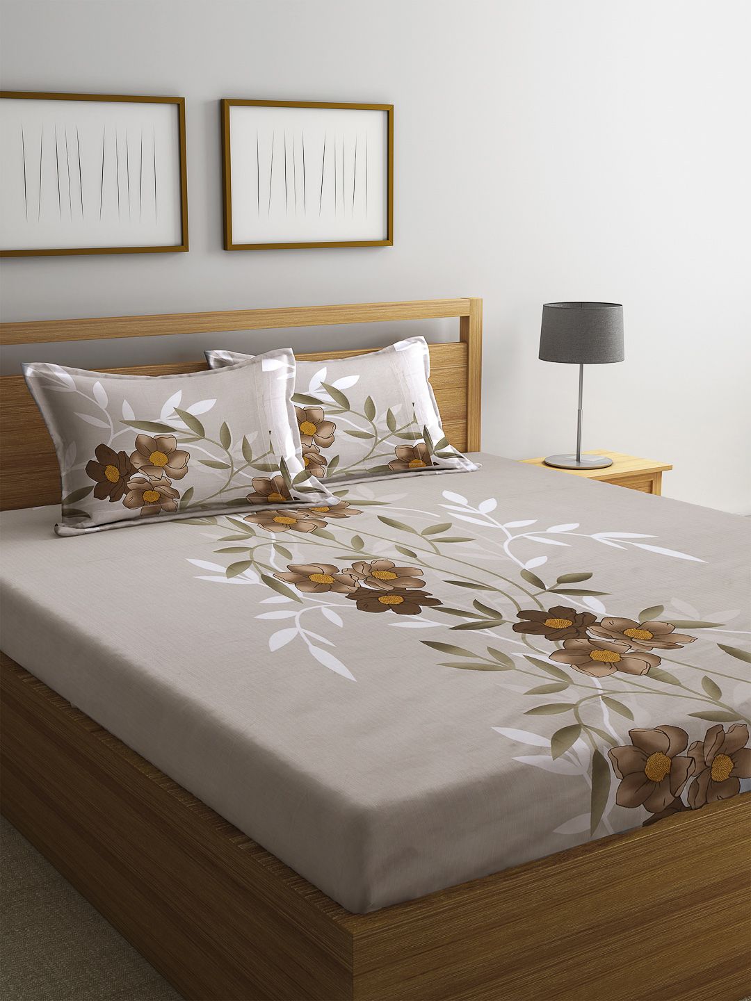 Story@home Taupe & Brown Floral 240 TC 1 Double Bedsheet with 2 Pillow Covers Price in India
