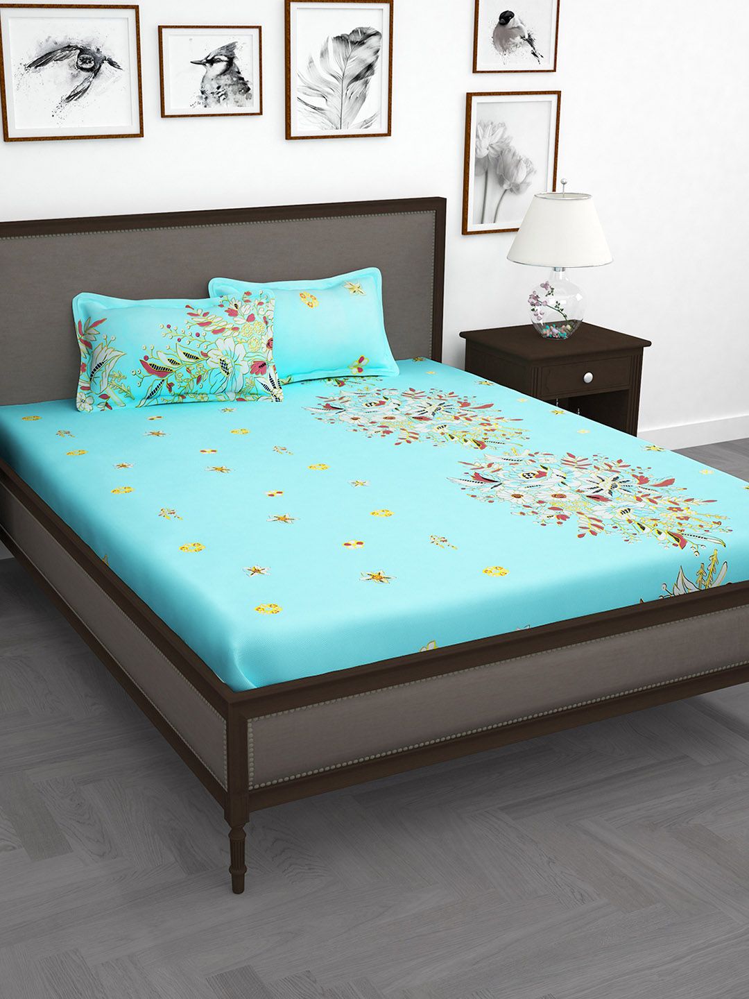 Story@home Blue Floral Flat 240 TC 1 Double Bedsheet with 2 Pillow Covers Price in India