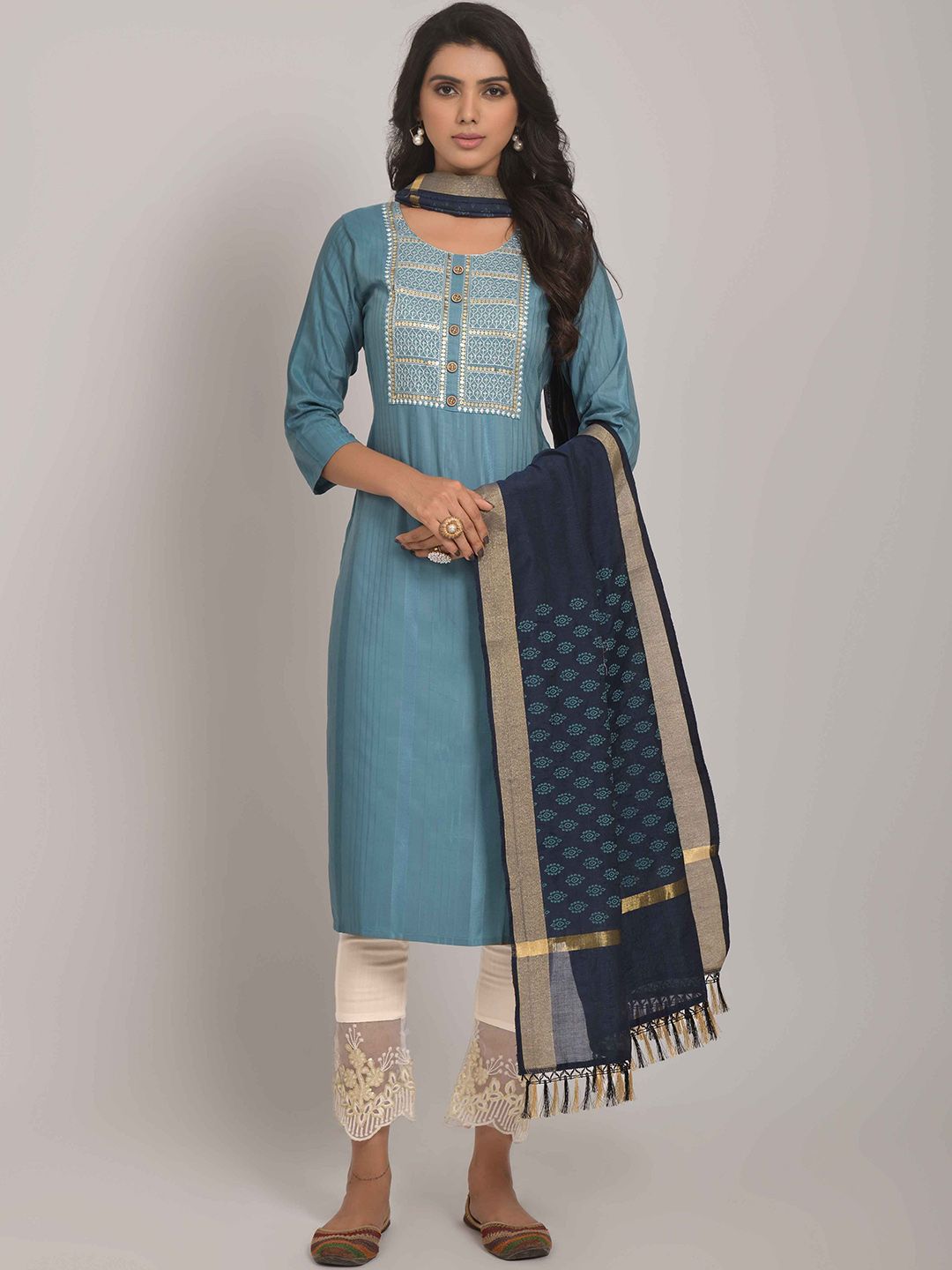 Happy Design Ethnic Motifs Yoke Design Thread Work Sequined Kurta with Trousers & Dupatta Price in India