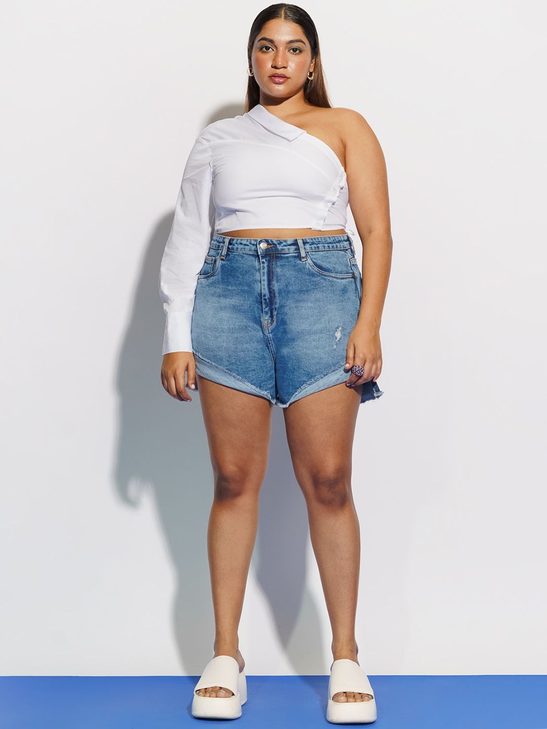 FREAKINS Women Plus Size Washed High-Rise Frayed Denim Shorts Price in India