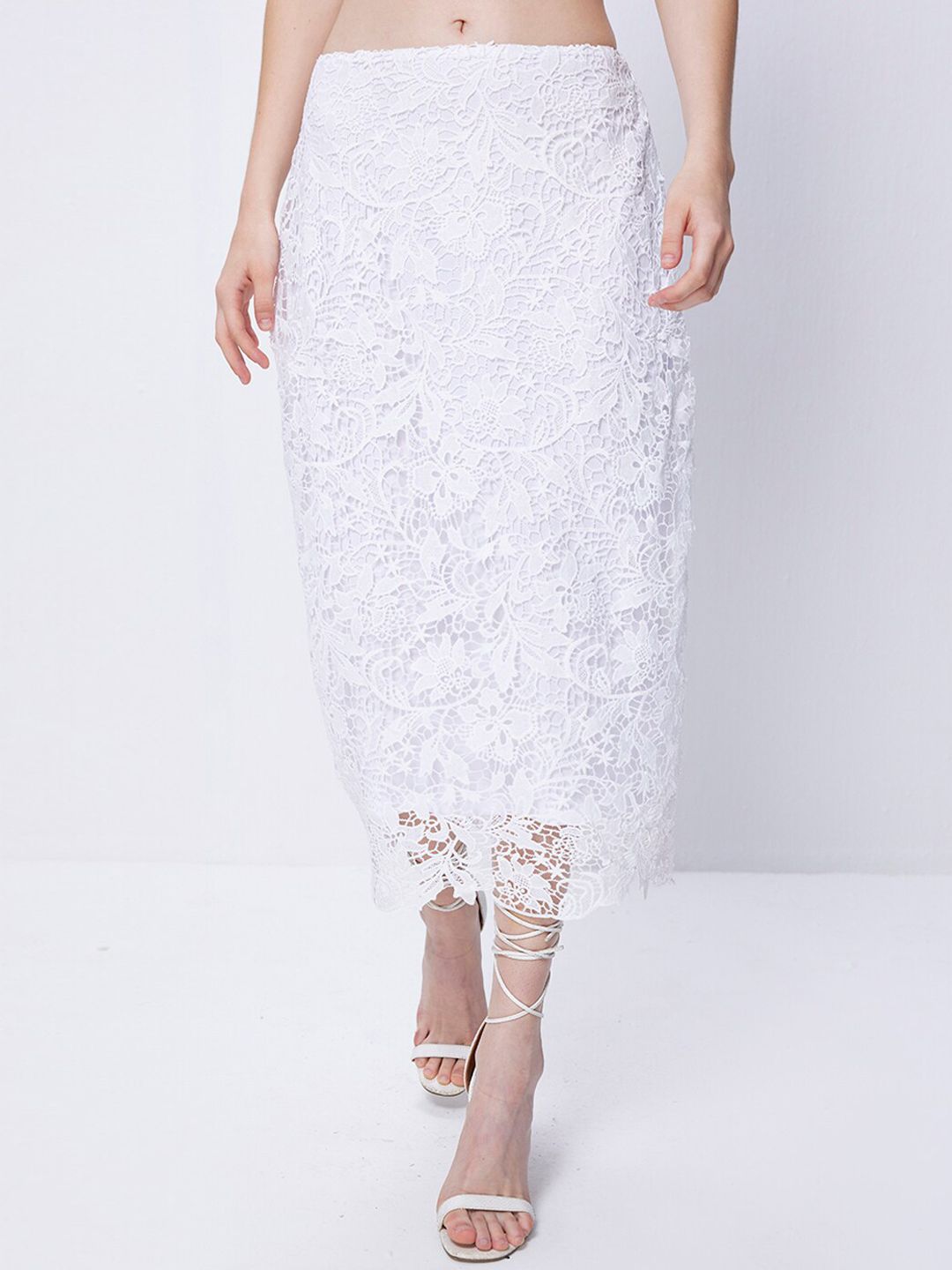 COVER STORY Self Design Lace Midi Pencil Skirt Price in India