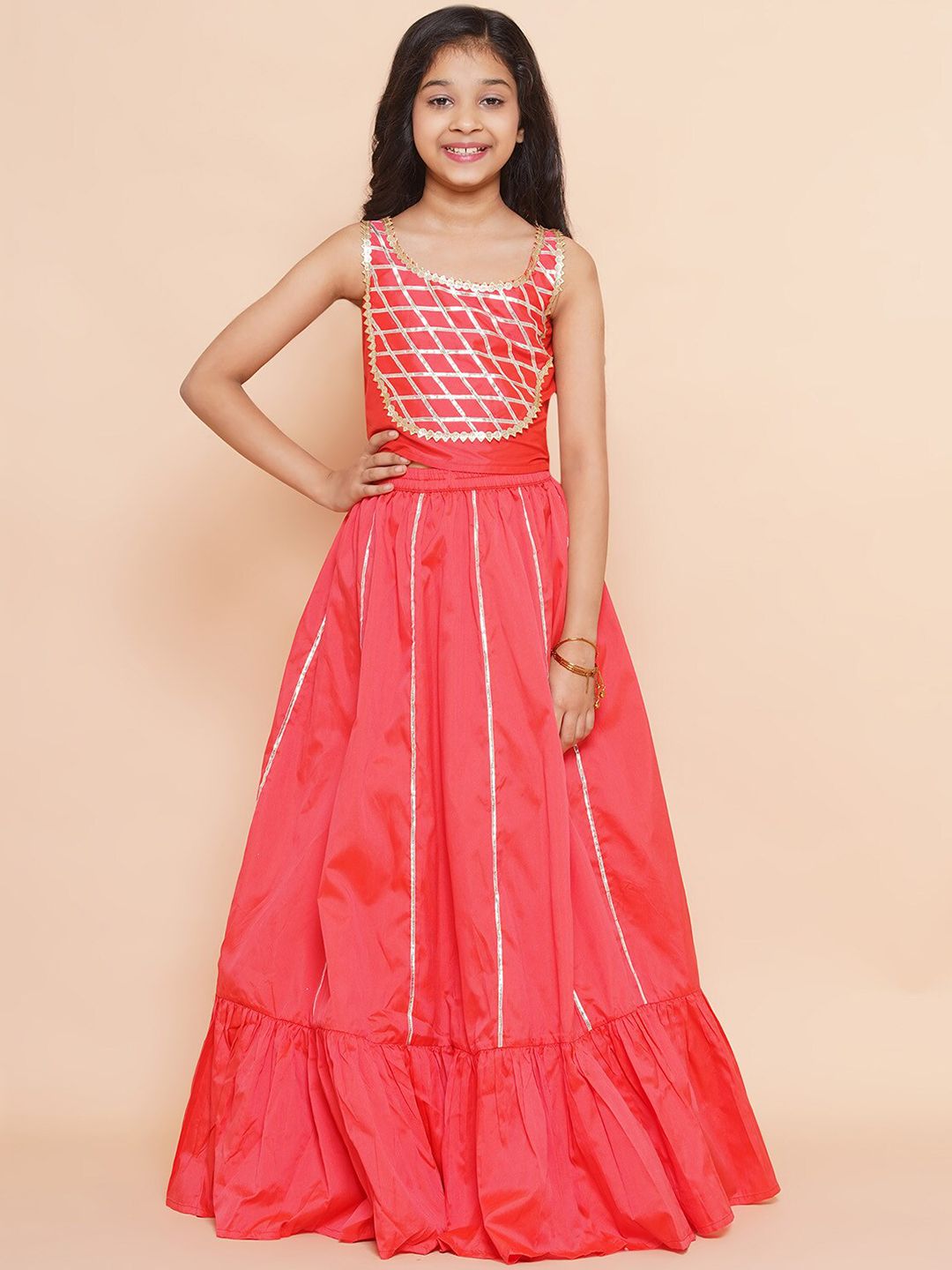 Modish Couture Girls Orange & Gold-Toned Embellished Ready to Wear Lehenga & Price in India