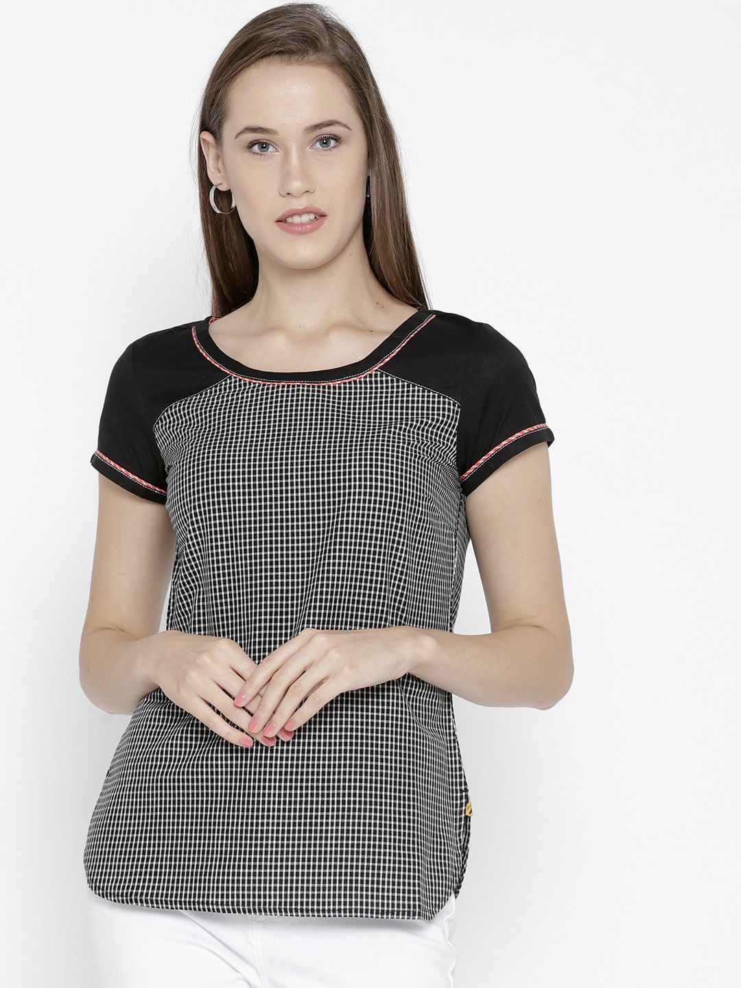 AURELIA Women Black Checked Pure Cotton Top