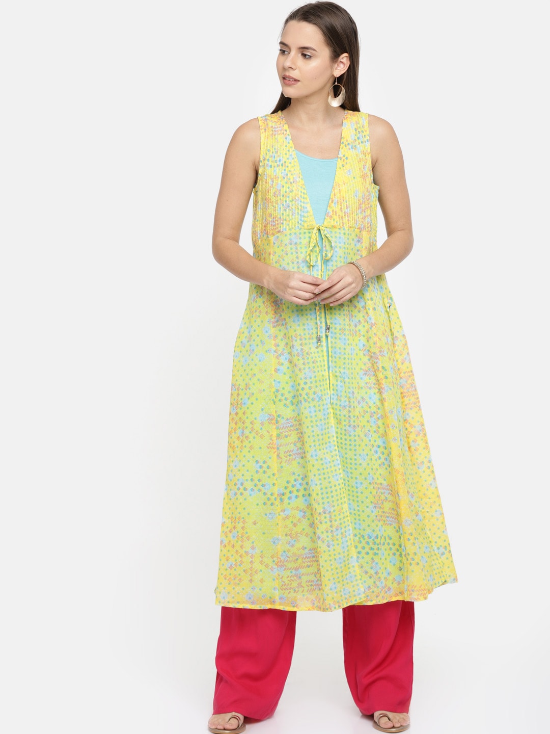 AURELIA Yellow Printed GILET Tie-Up Shrug with Camisole Price in India