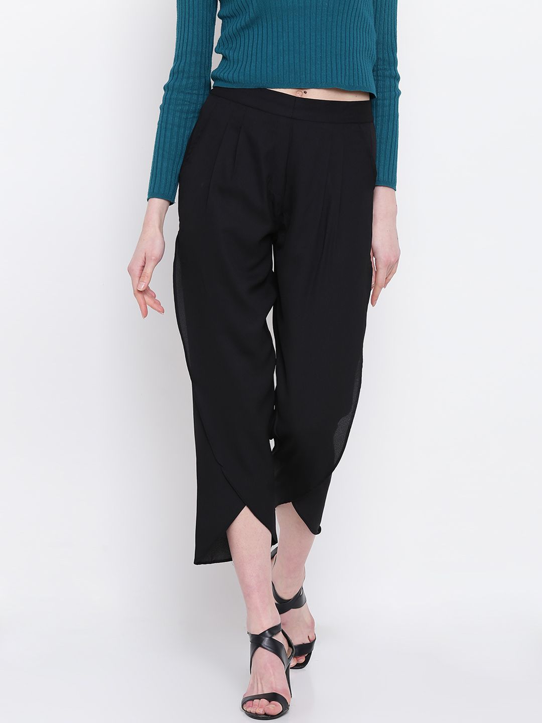 AURELIA Women Black Solid Pleated Cropped Casual Trousers Price in India