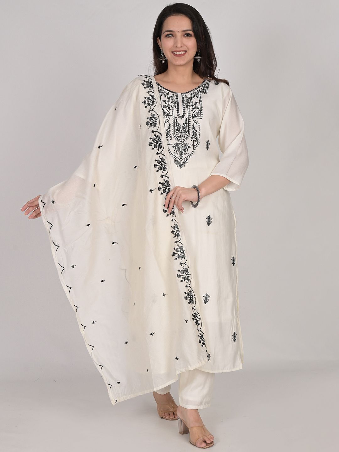 Girly Girls Floral Embroidered Yoke Design Raw Silk Straight Kurta & Pyjamas & Dupatta Price in India