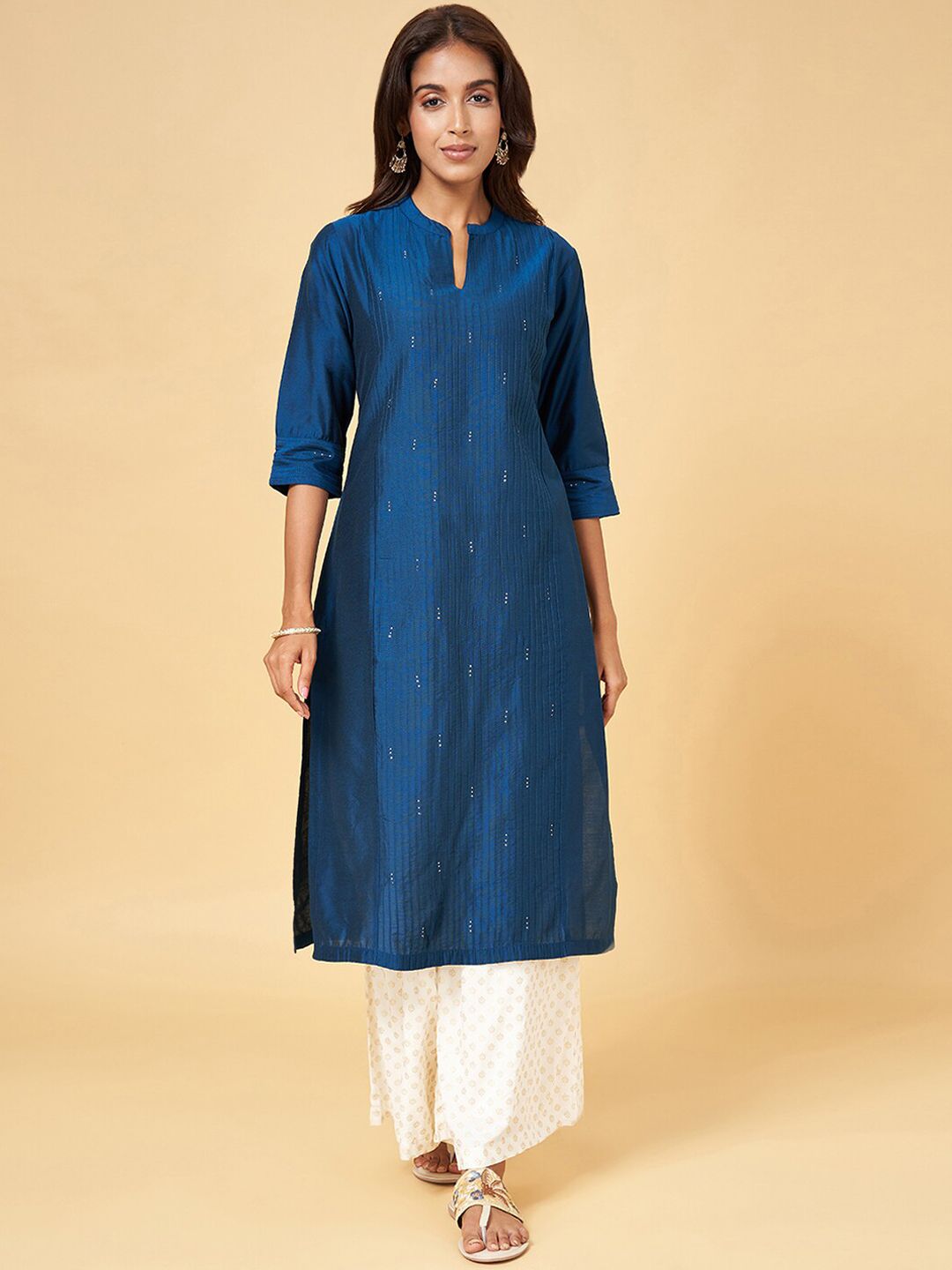 RANGMANCH BY PANTALOONS Embellished Sequined Mandarin Collar Thread Work A-Line Kurta Price in India