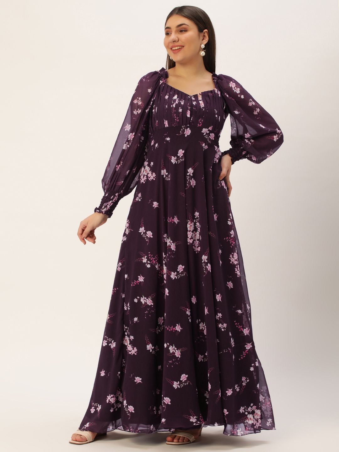 Ethnovog Floral Print Puff Sleeve Georgette Maxi Dress Price in India