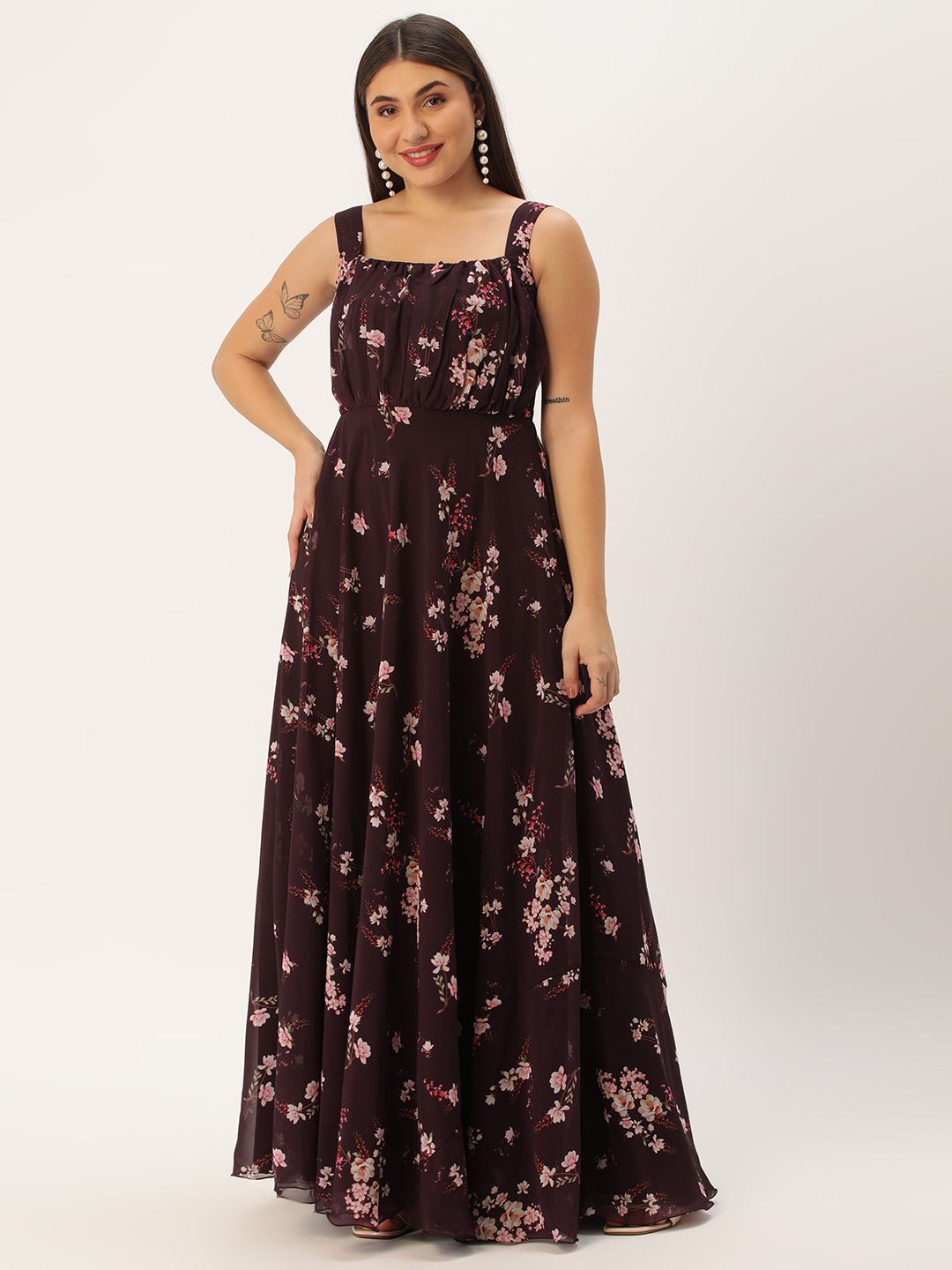 Ethnovog Floral Print Georgette A-Line Maxi Dress Price in India