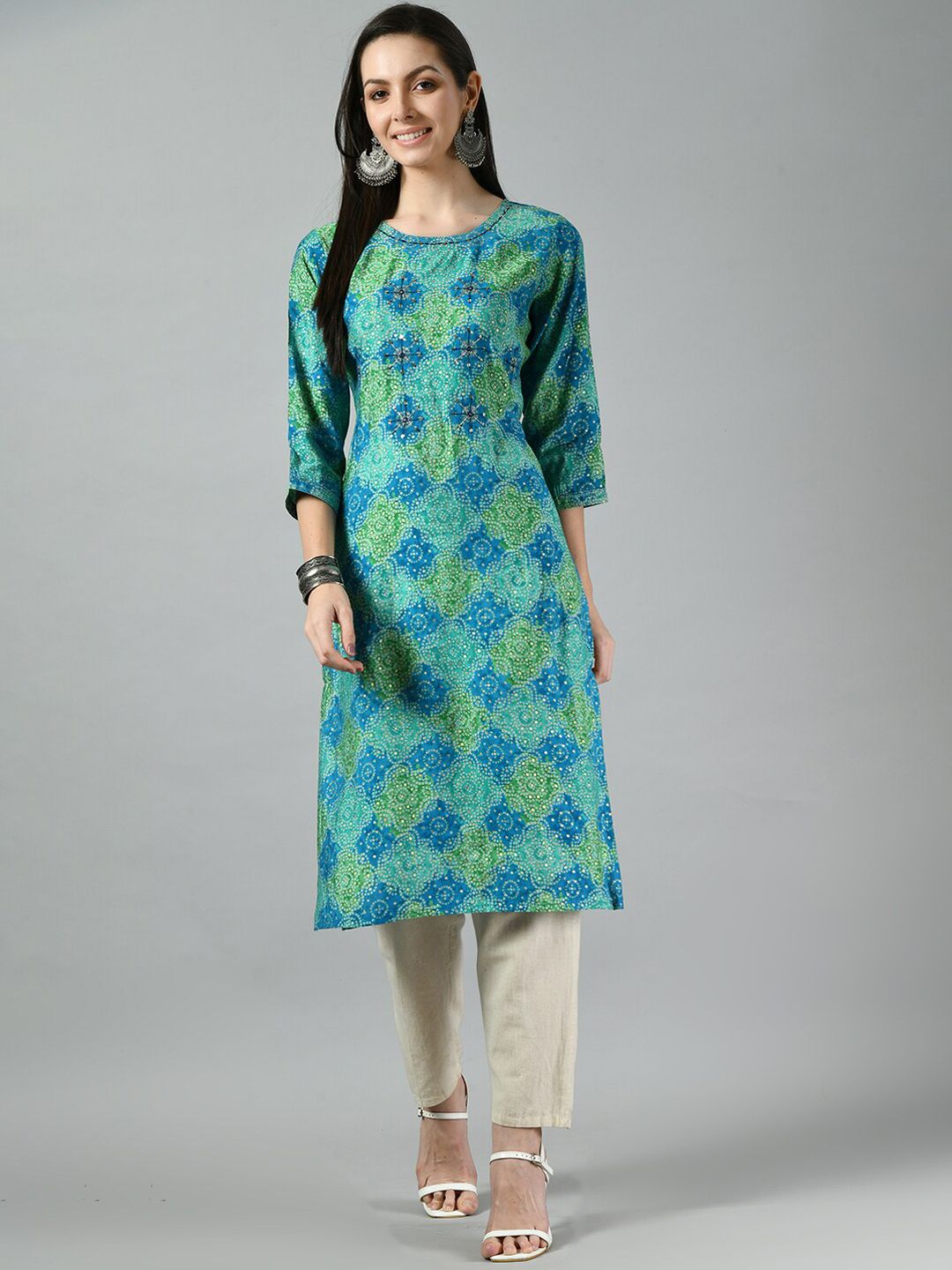 Altiven Women Green Geometric Printed Flared Sleeves Gotta Patti Kurta Price in India