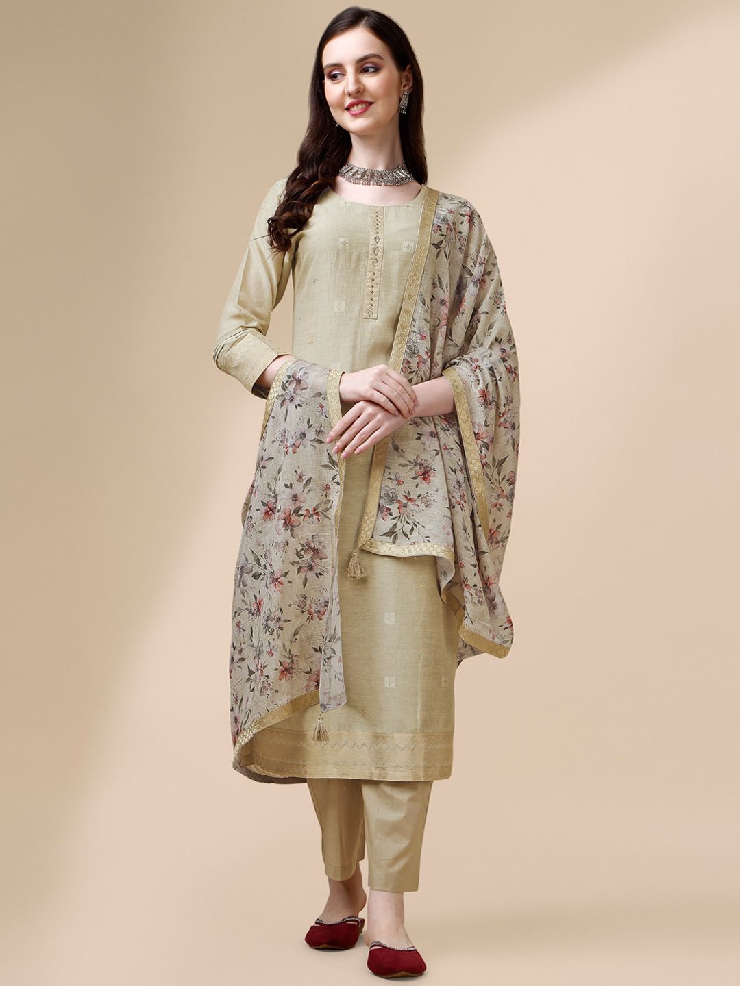 Seerat Geometric Woven Design Round Neck Linen Straight Kurta & Trousers with Dupatta Price in India