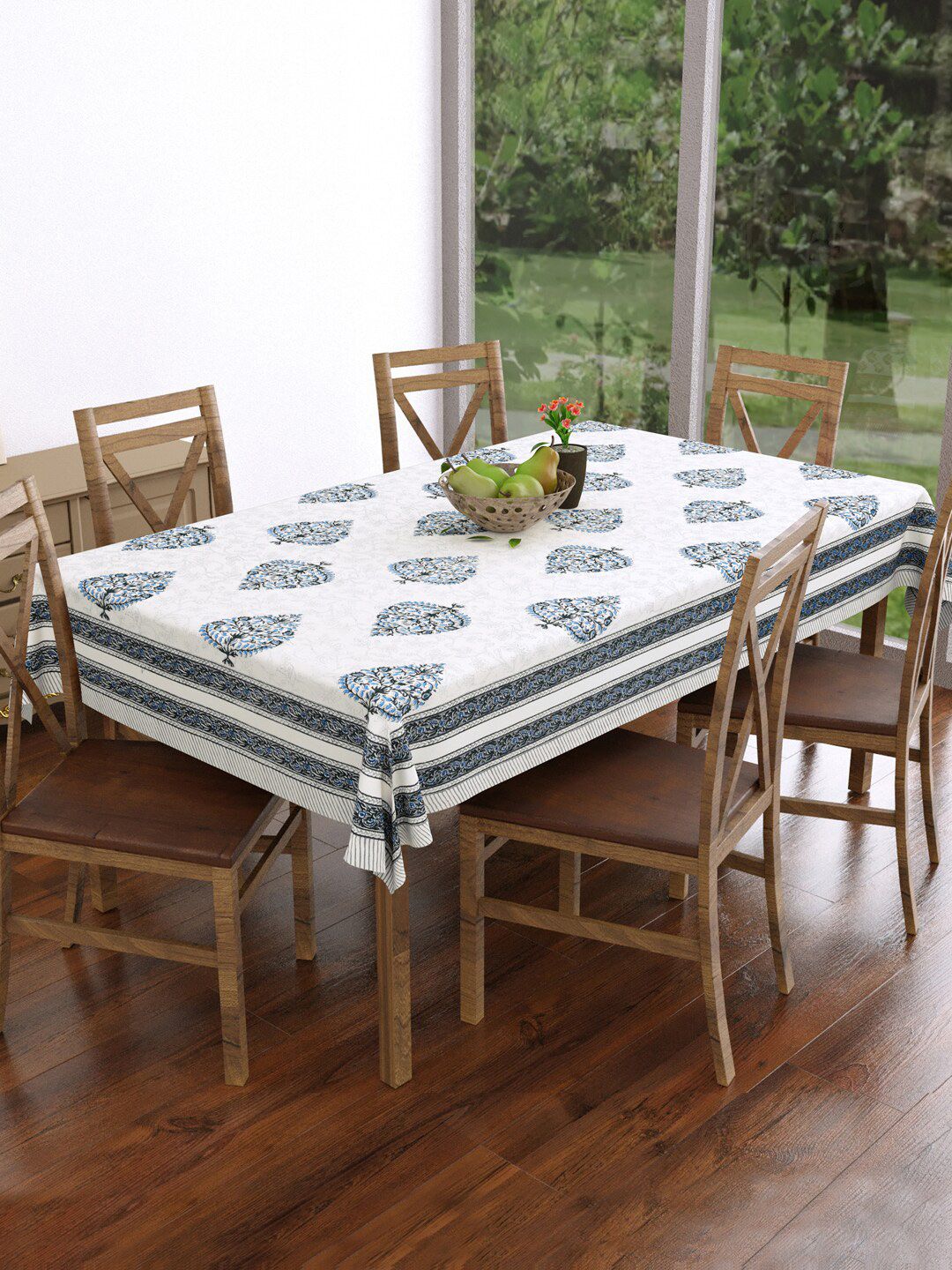 BLOCKS OF INDIA White & Grey Printed Pure  Cotton 6 Seater Rectangular Table Cover
