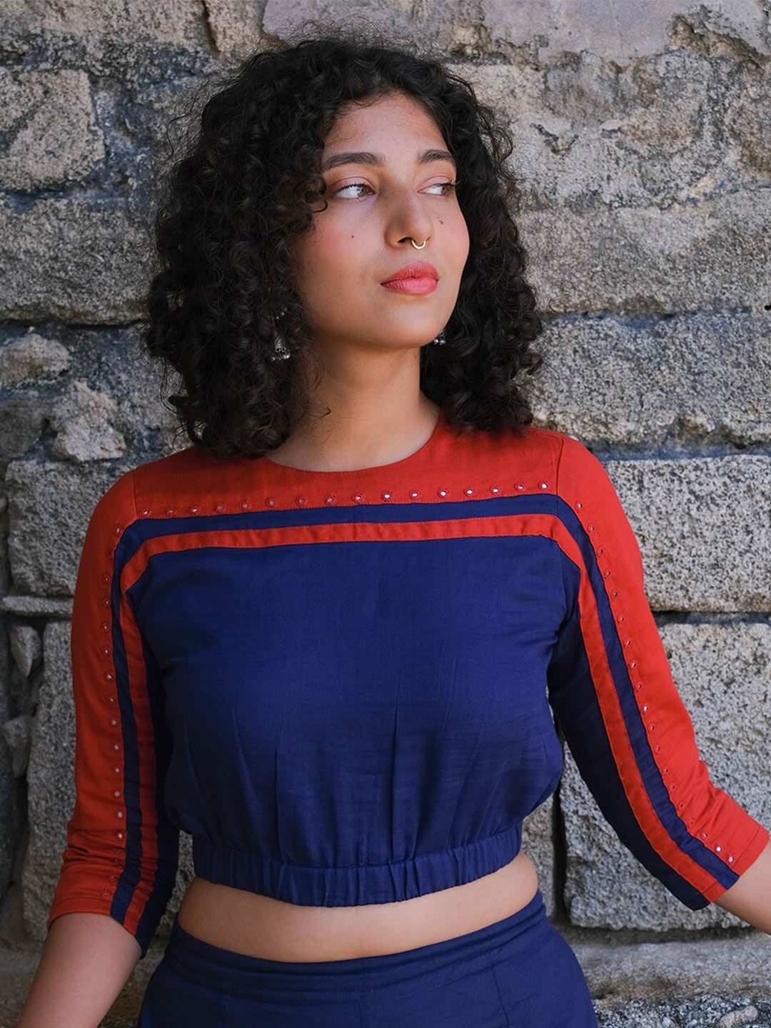 OKHAI Striped Embroidered Pure Cotton Blouson Crop Top Price in India