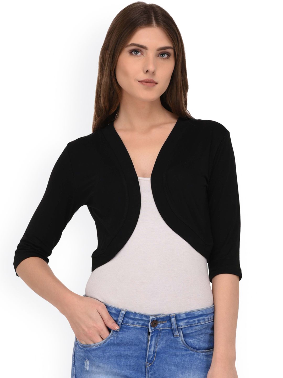 Espresso Black Solid Open Front Shrug Price in India