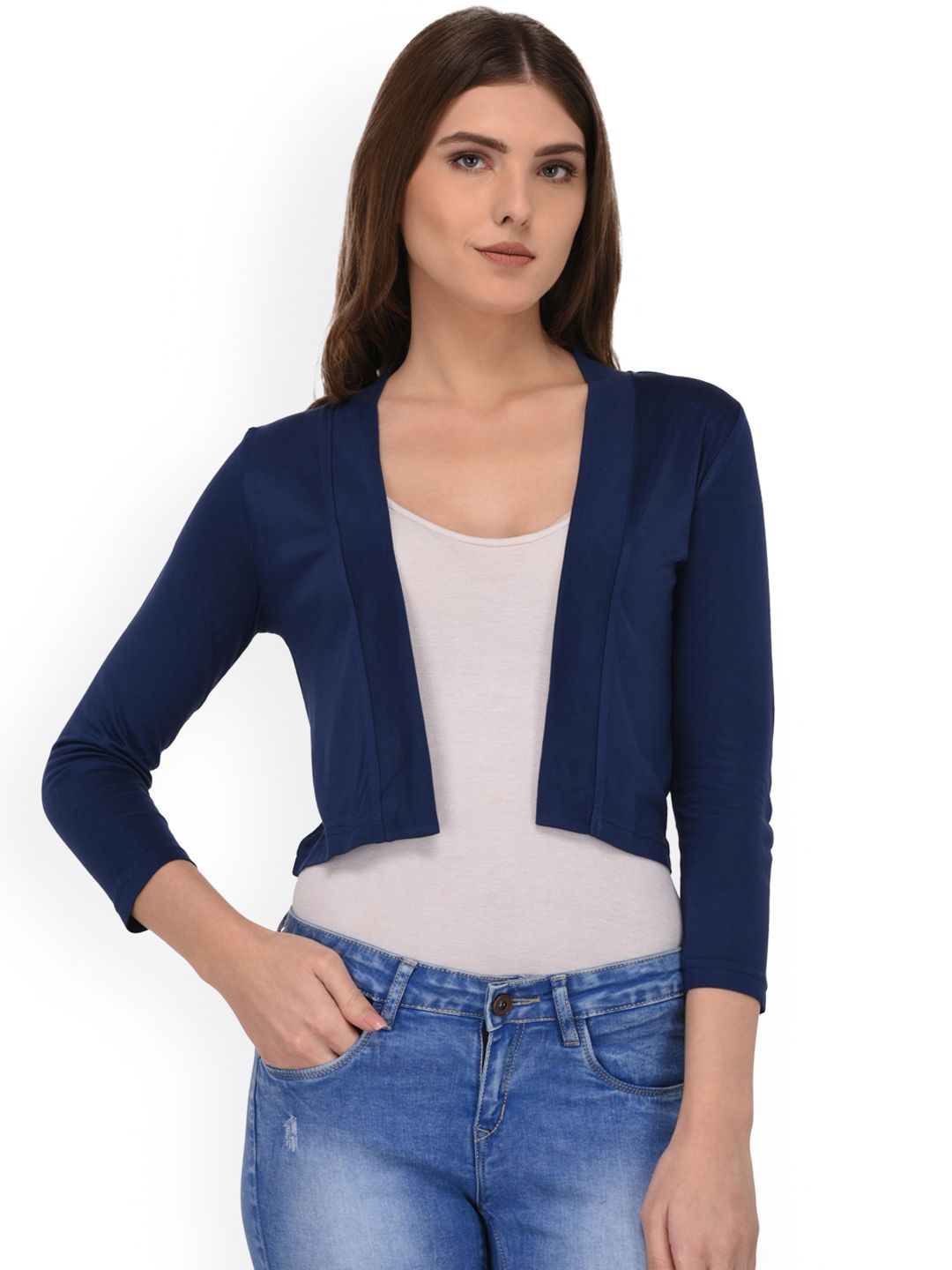 Espresso Navy Blue Solid Open Front Shrug Price in India