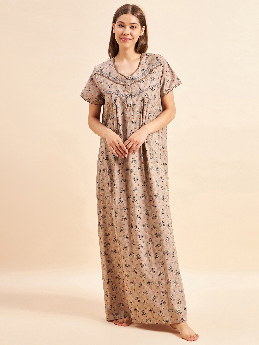 Sweet Dreams Sweet Dreams Brown Floral Printed Pure Cotton Maxi Nightdress
