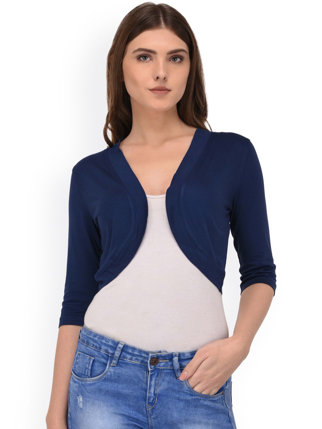 Espresso Navy Blue Solid Open Front Shrug Price in India