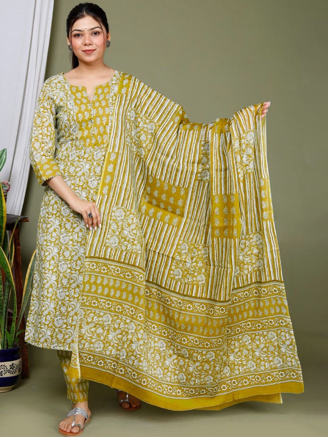 Swasti Floral Printed Pure Cotton Kurta With Trousers & Dupatta Price in India