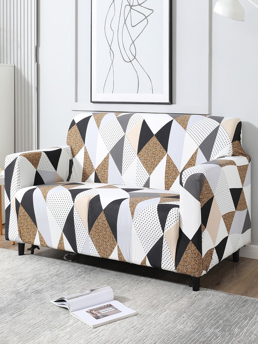 HOKIPO Stretchable Geometric Polyester Stretch Fit Straight 2 Seater Sofa Cover-73x20x35In