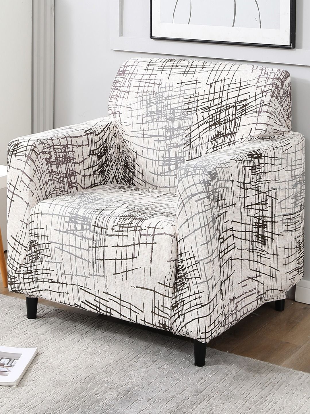 HOKIPO Stretchable Geometric Polyester Straight Single Seater Sofa Cover-55x20x35In