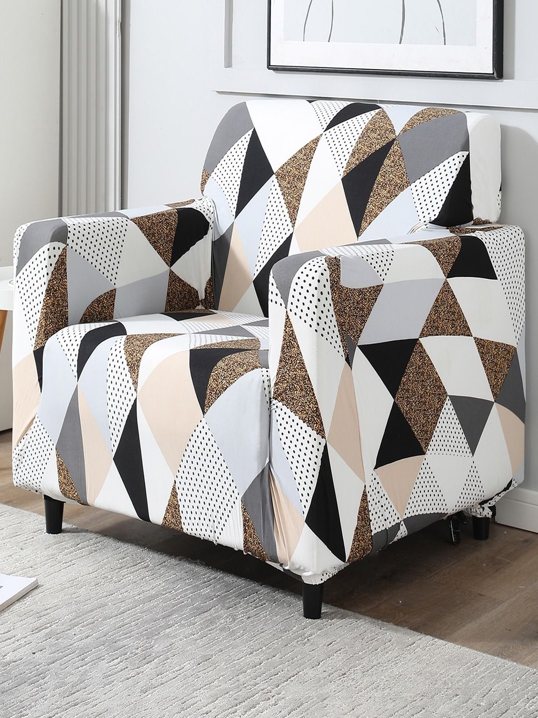 HOKIPO Stretchable Geometric Polyester Straight Single Seater Sofa Cover-55x20x35In