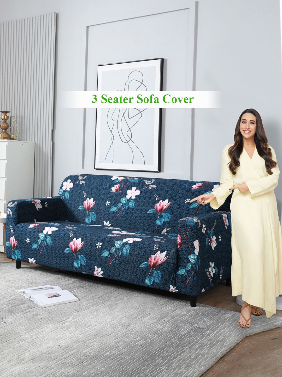 HOKIPO Blue & White Printed Stretchable 3-Seater Sofa Cover